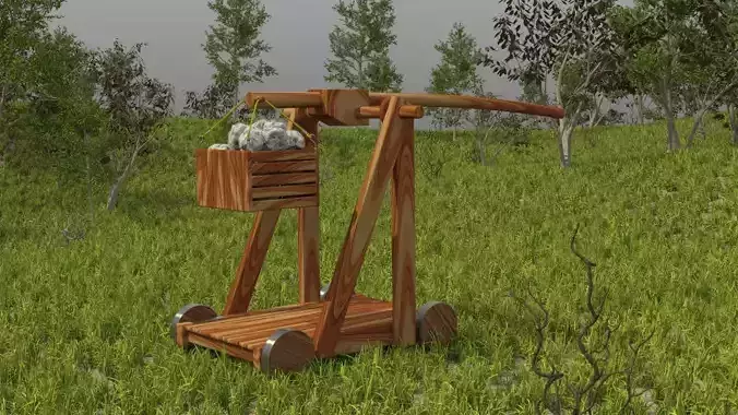 Trebuchet wooden wheelbarrow in middle of field 3D model