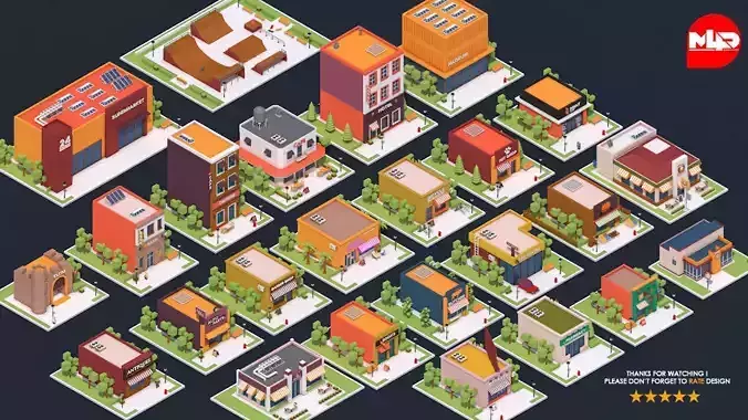 Low Poly City Buildings Pack Low-poly 3D model