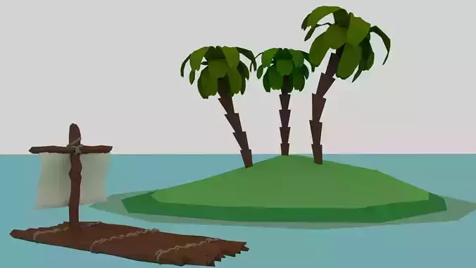 Wooden Raft with island Low-poly 3D model