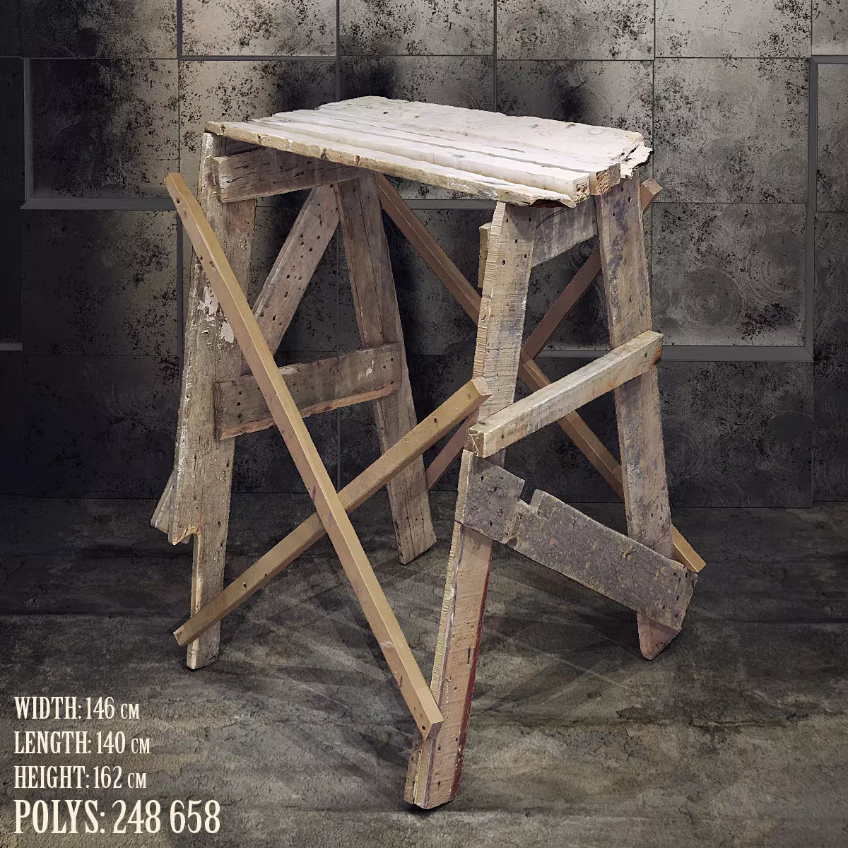 Scaffolding table made from old wooden planks 3D model_0