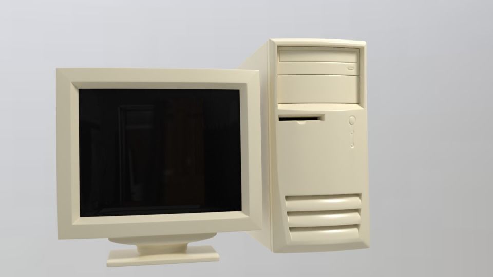 90S Old desktop computer and monitor Low-poly 3D model_2