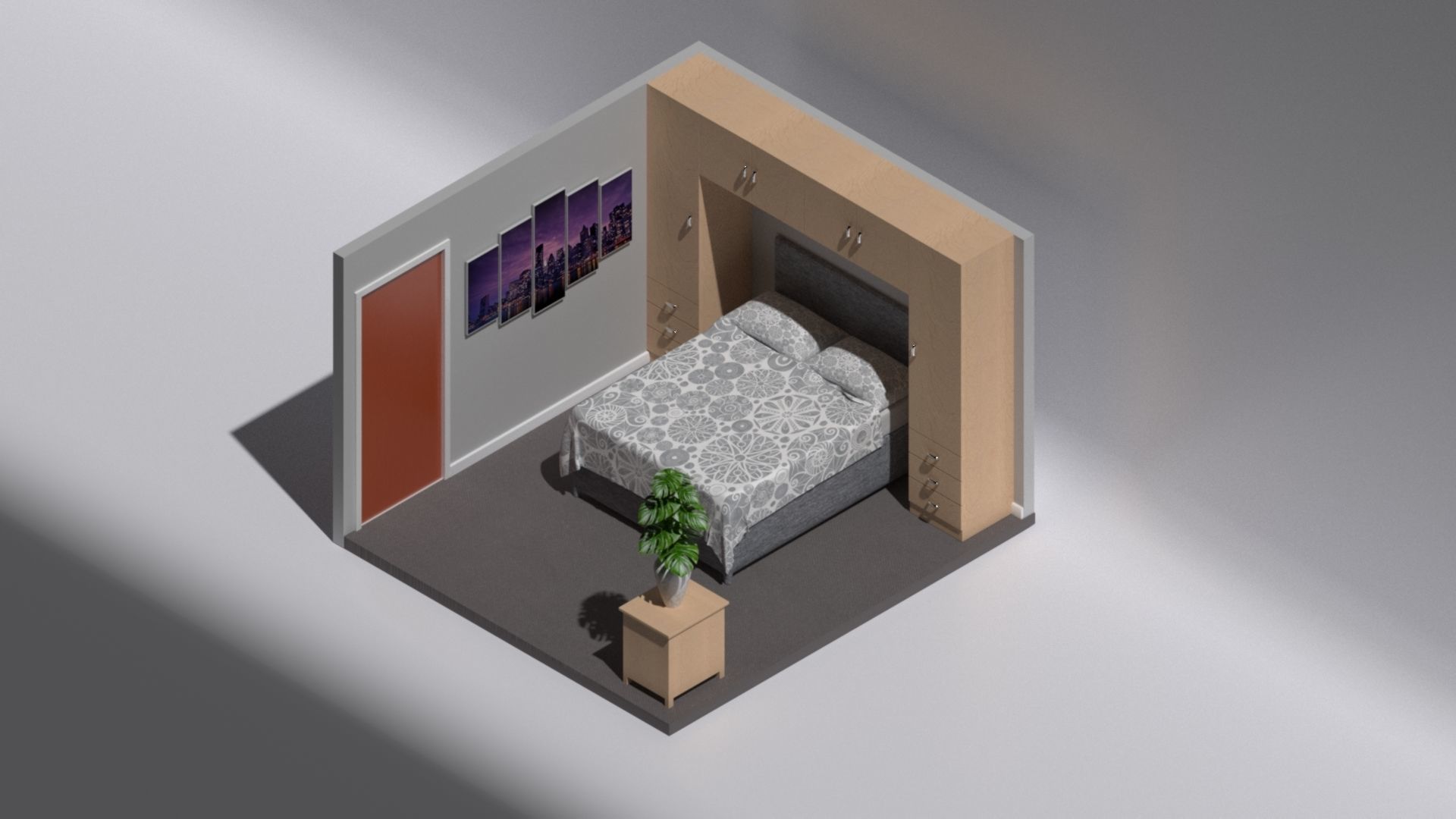 Bedroom design with double bed and surround wardrobe unit Free 3D model_1