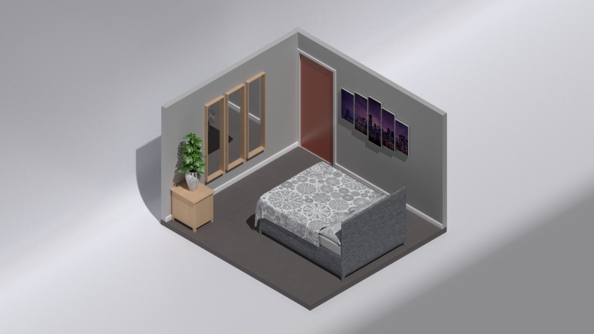 Bedroom design with double bed and surround wardrobe unit Free 3D model_3