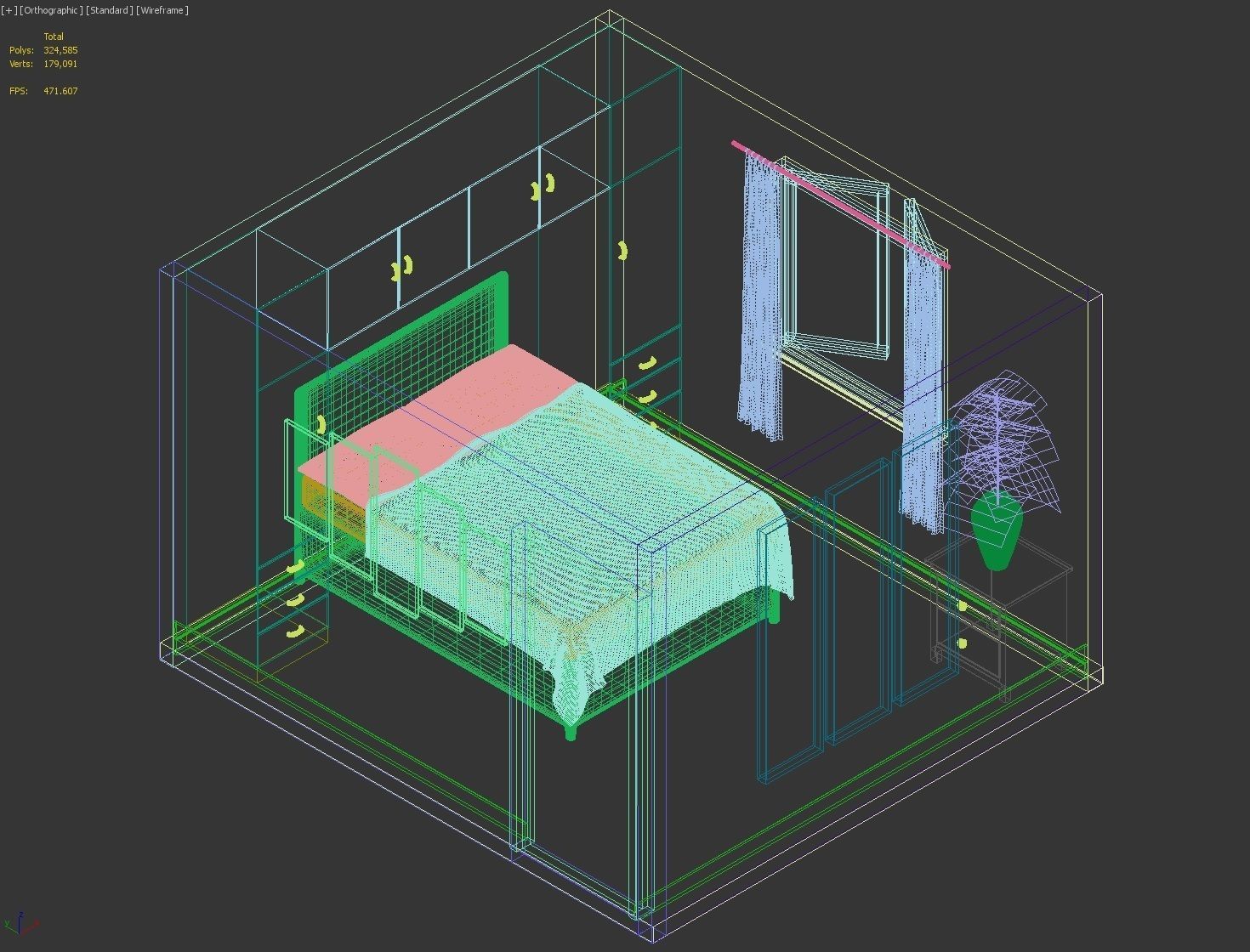 Bedroom design with double bed and surround wardrobe unit Free 3D model_4