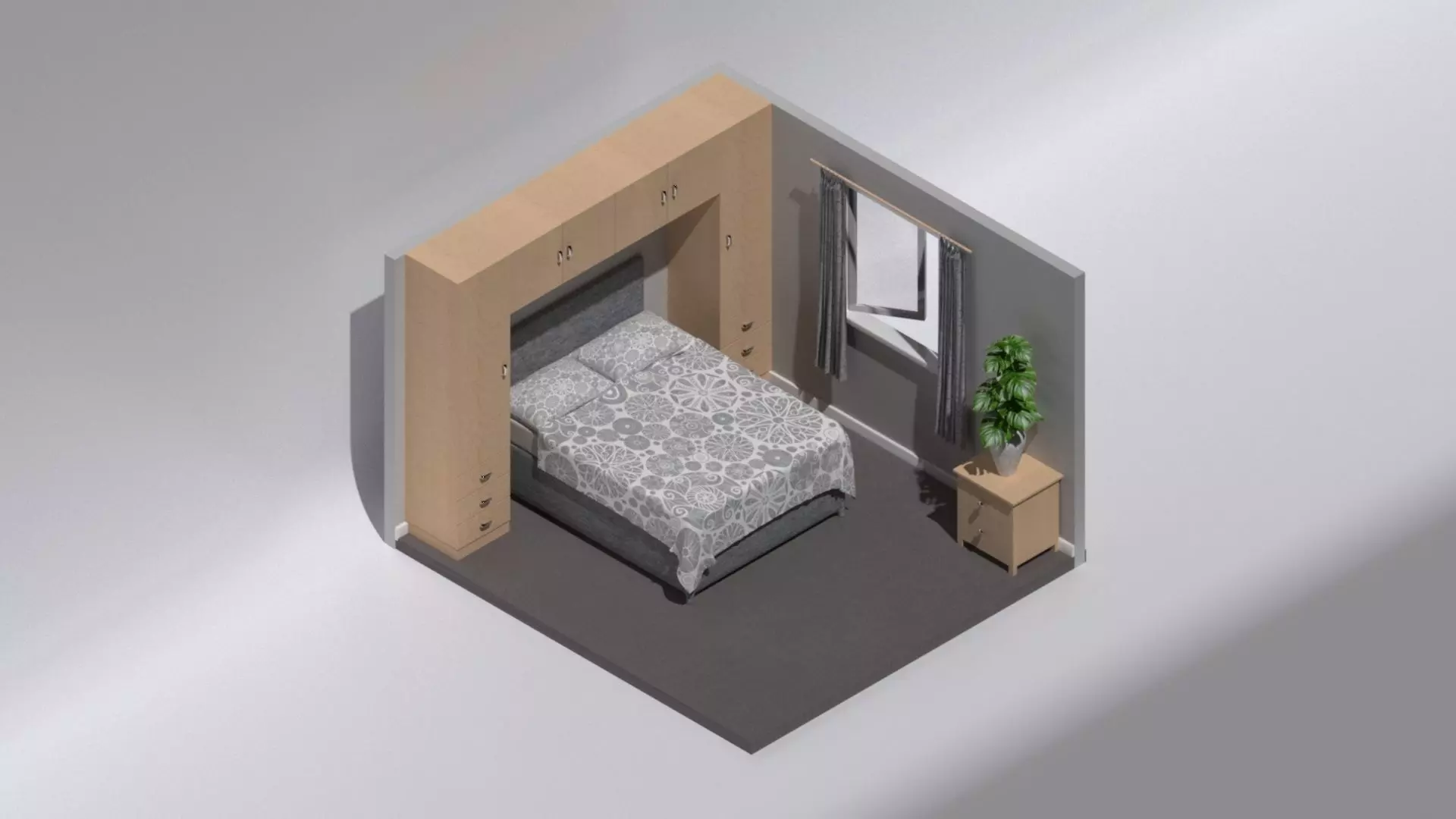 Bedroom design with double bed and surround wardrobe unit Free 3D model_0