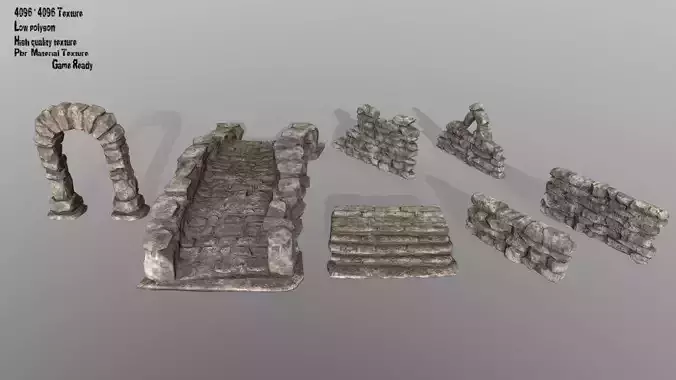 ruin set statue of stone bridge Low-poly 3D model