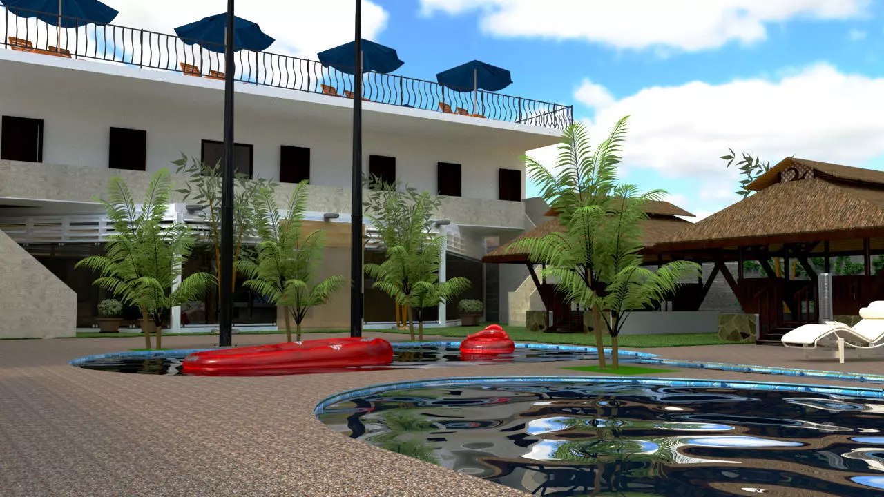 Resort swimming pool at or close to hotel 3D model_0
