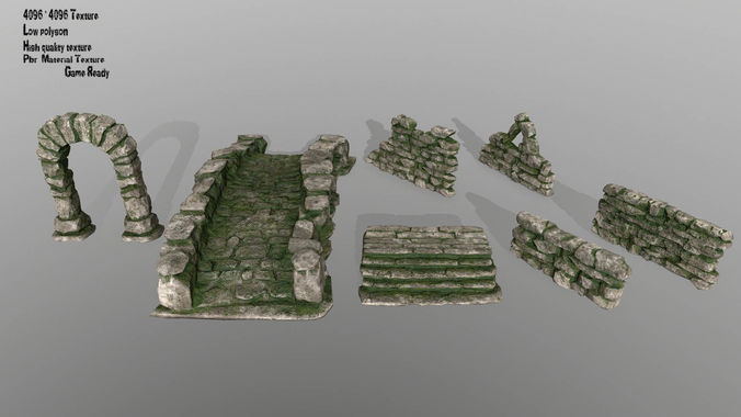 ruin set stone wall Low-poly 3D model