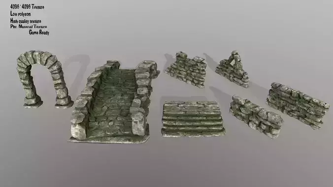 ruin set stone wall Low-poly 3D model