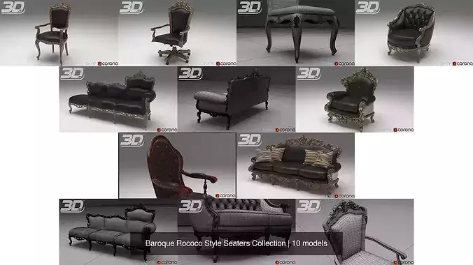 Baroque Rococo Style Seaters Collection 3D Model Pack 2