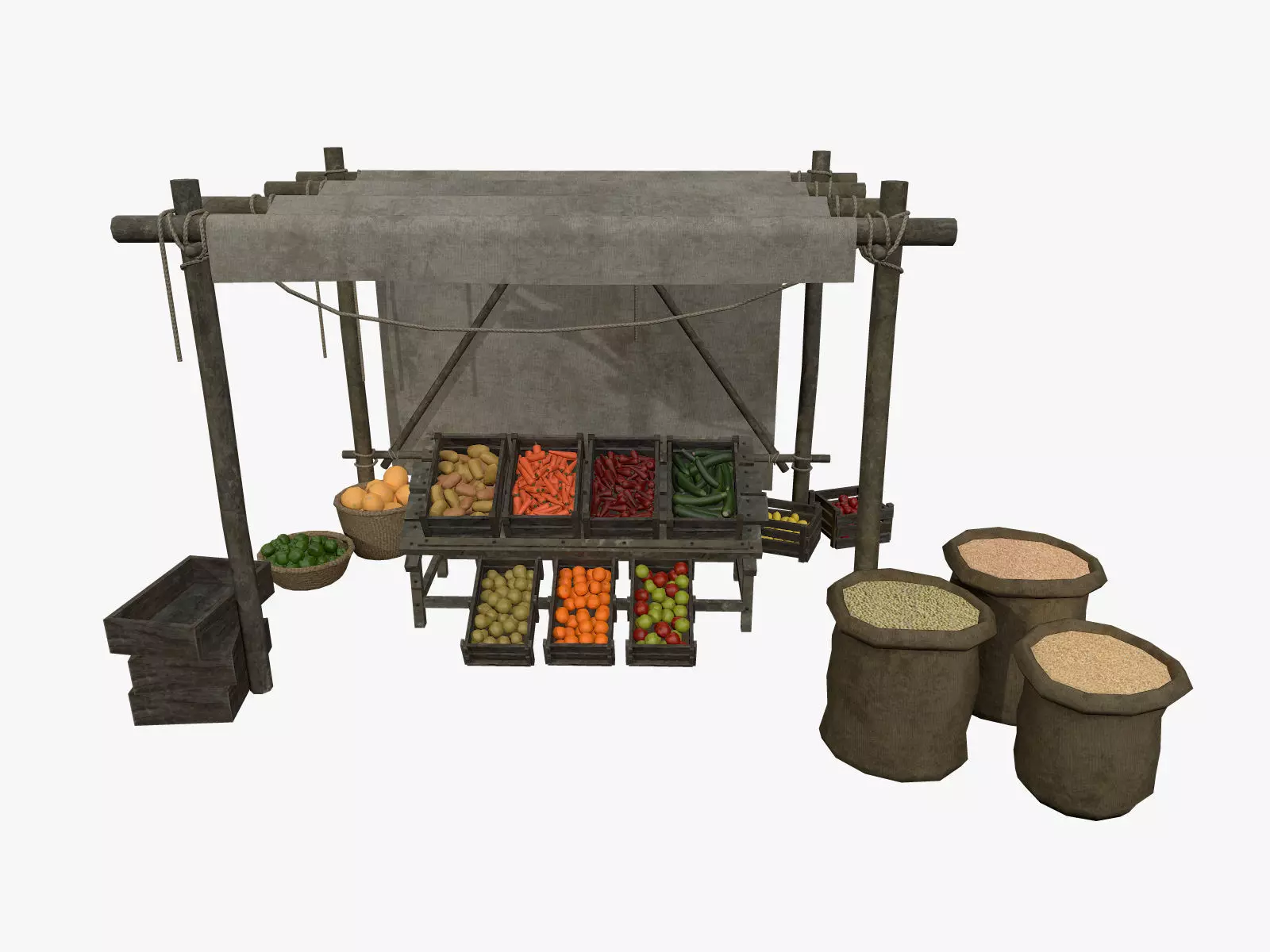 LowPoly Medieval Vegetable and Fruit Stall Low-poly 3D model