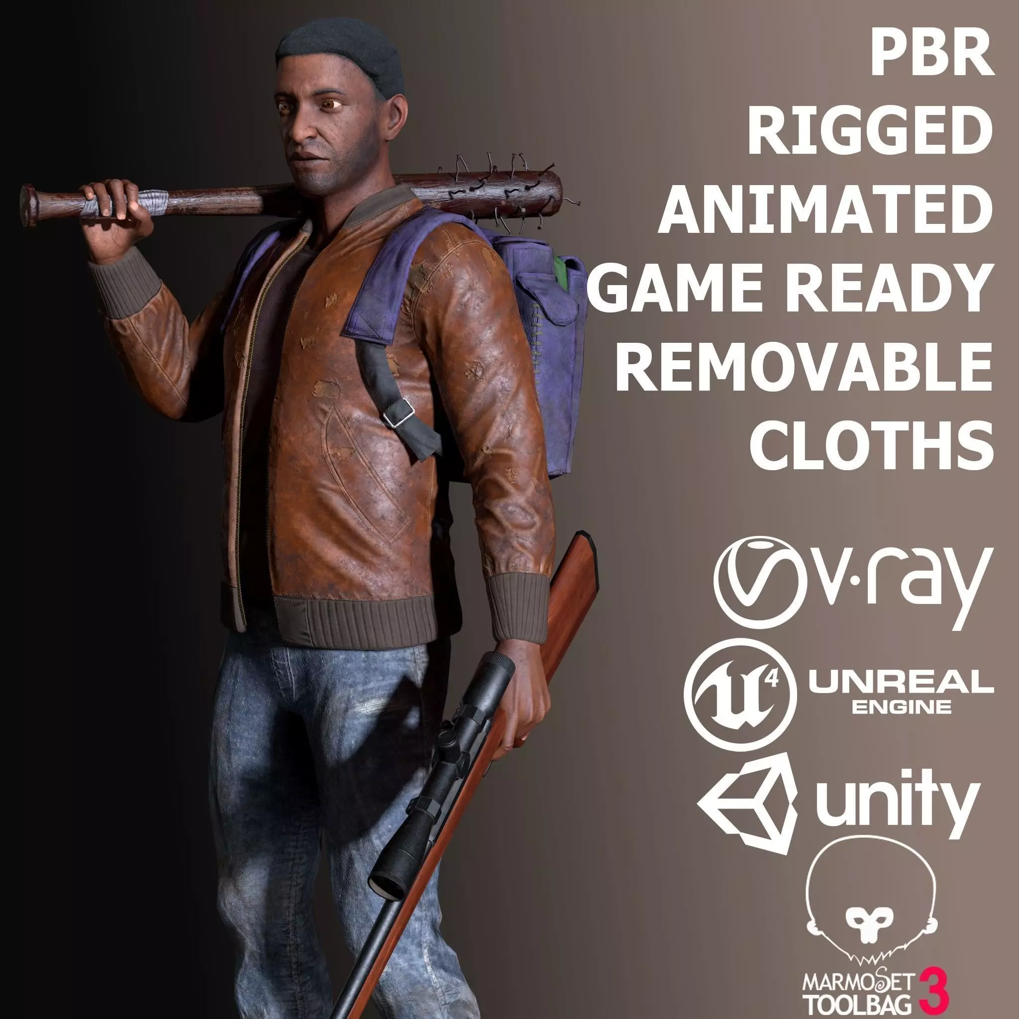 Black Skin Male Survivor Low-poly 3D model_0