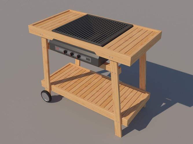 Barbecue wooden grill on wheels 3D model