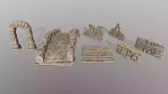 Ruin set stone arch Low-poly 3D model