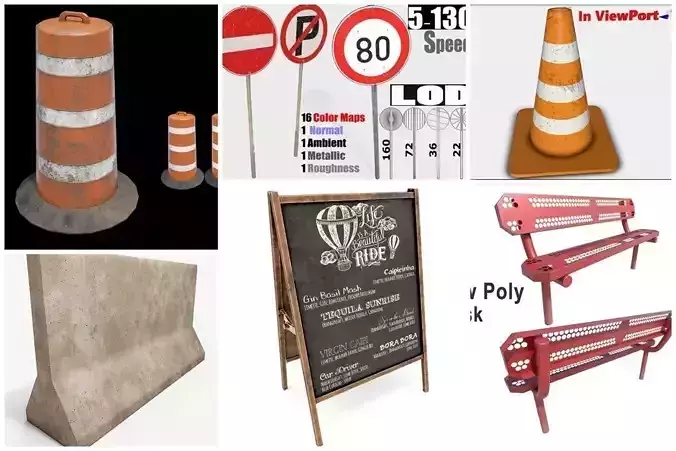road objects - PBR  3D Model Collection