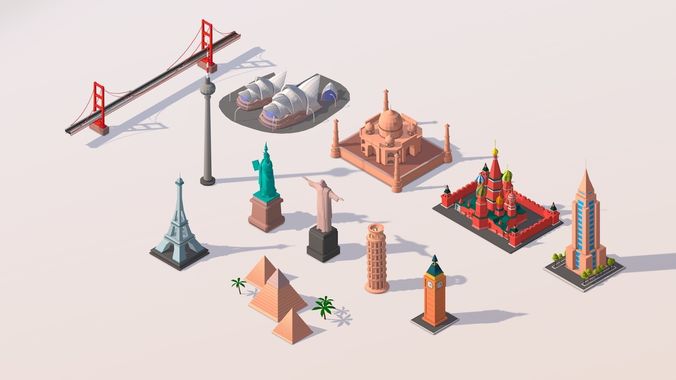 Polygonia Cartoon World Landmarks Pack Low-poly 3D model