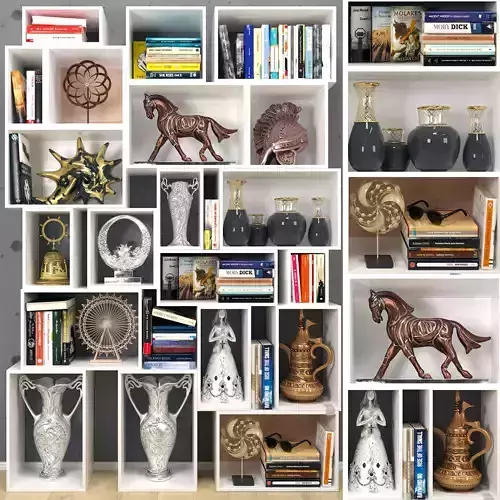 Shelf collection bookcase filled with books and statues