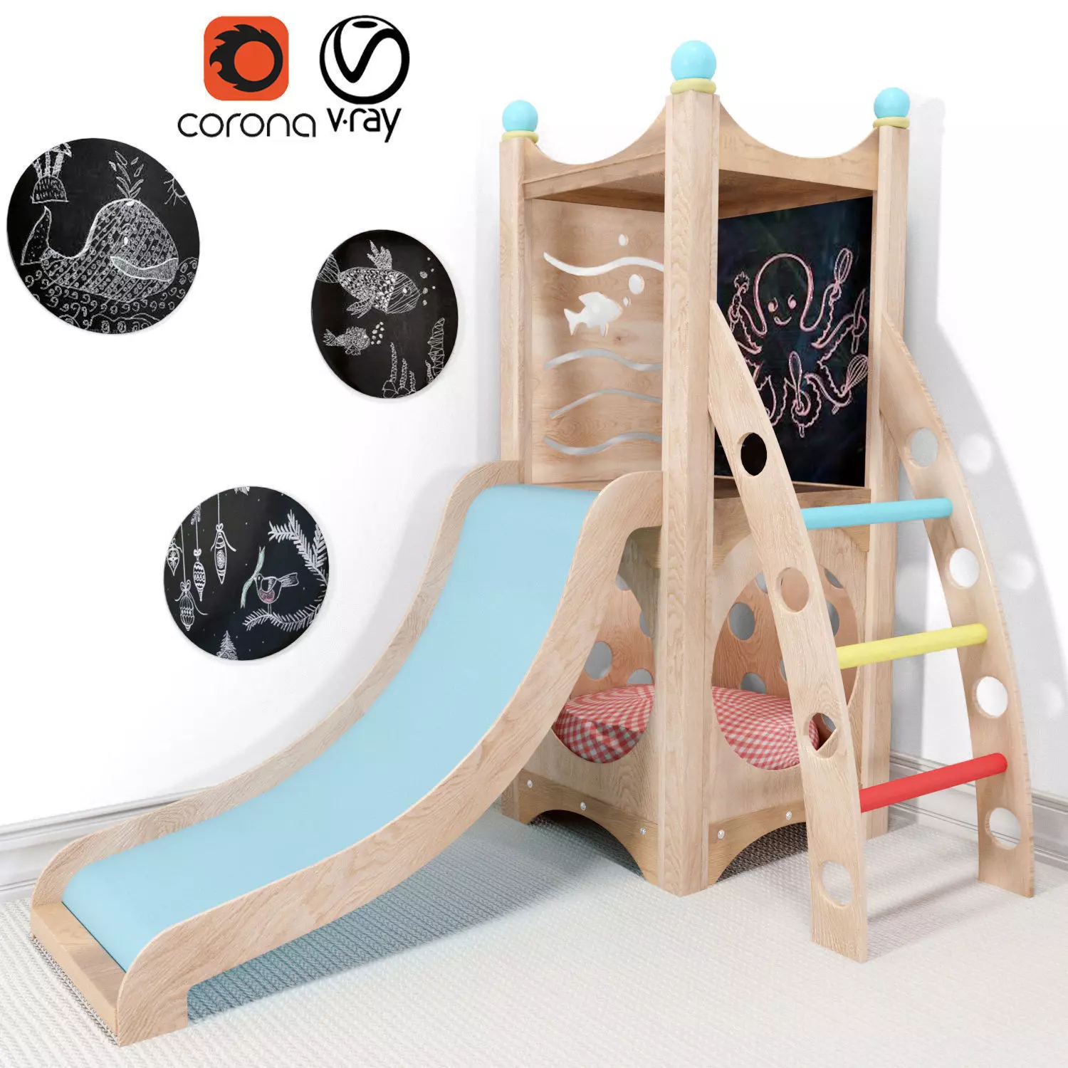 indor-playset wooden slide with chalkboard 3D model_0