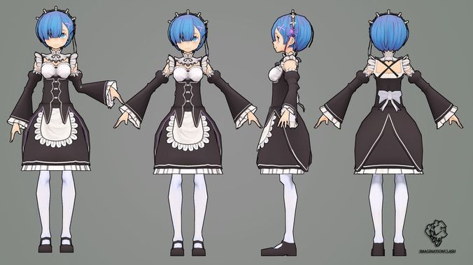 Low poly Rem female character with hair holding chain