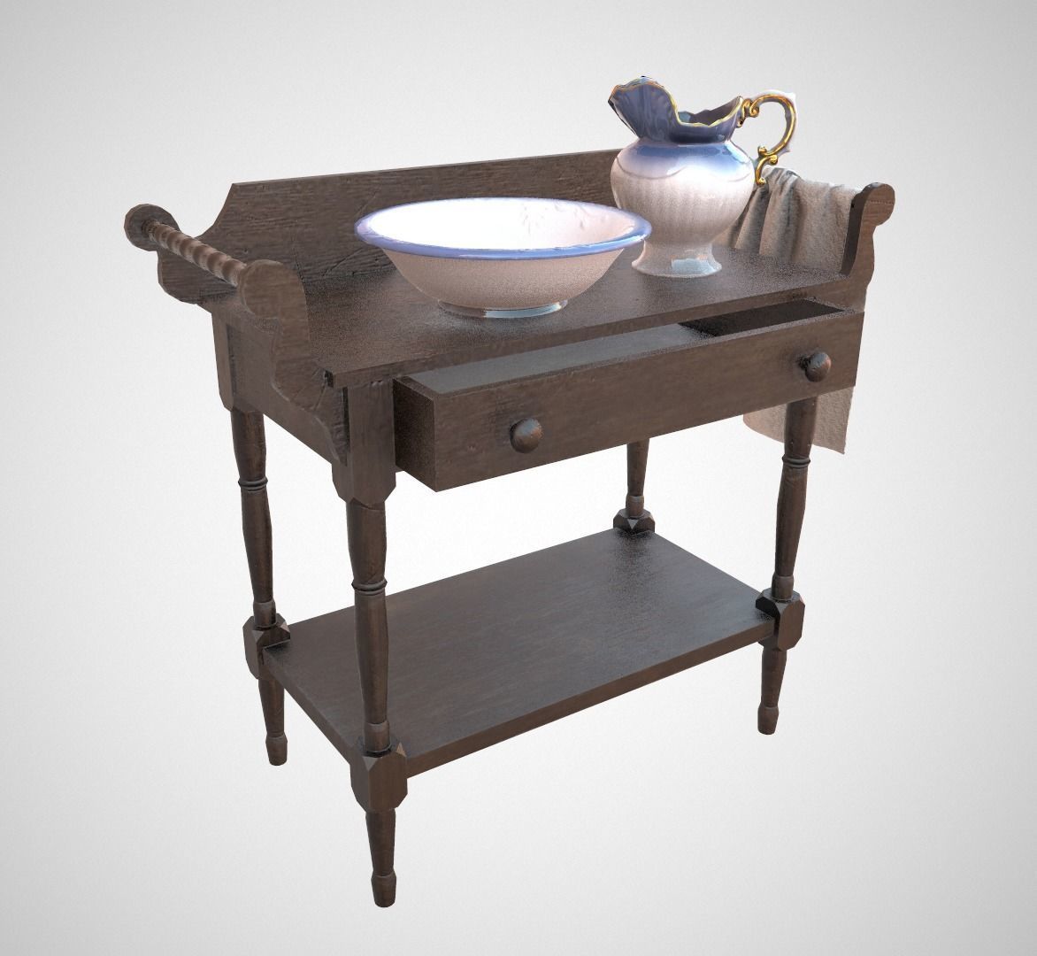 Washbasin old wooden table Low-poly 3D model_1