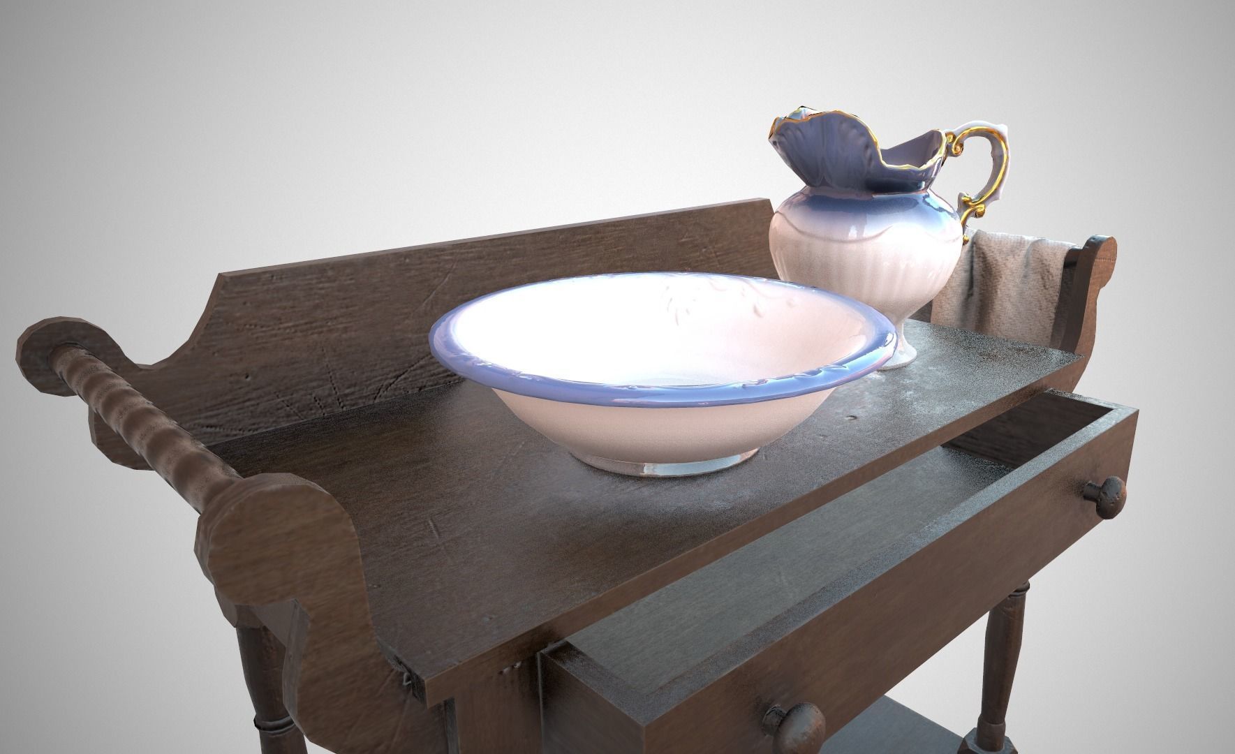 Washbasin old wooden table Low-poly 3D model_2