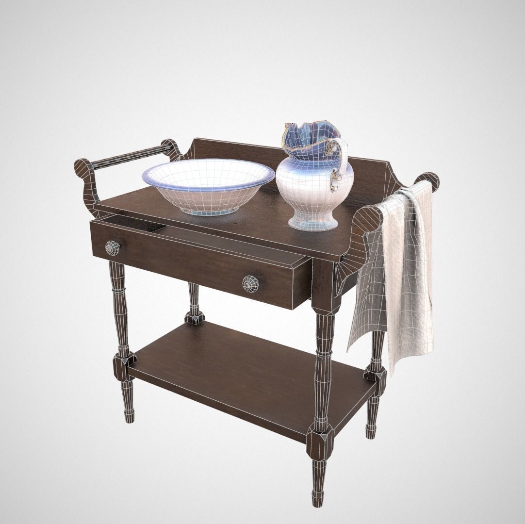 Washbasin old wooden table Low-poly 3D model_6