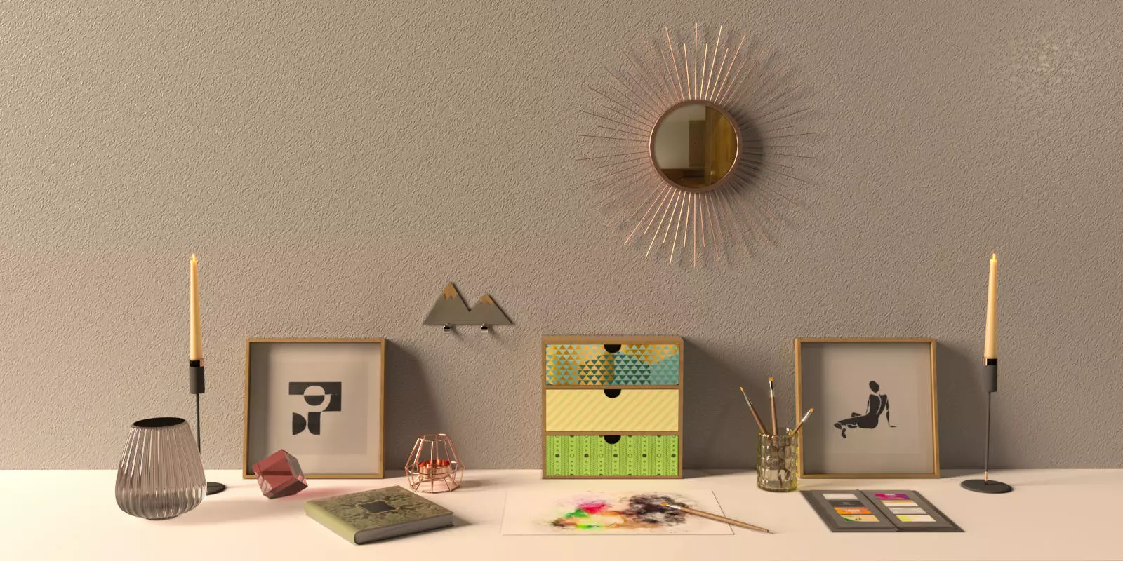 Decorative Set desk - home decor Low-poly 3D model_0