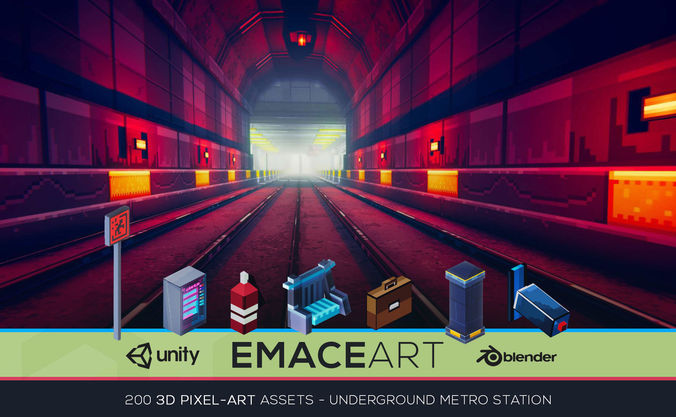 3D Pixel-Art Underground Subway Metro Station level Modular Kit Low-poly 3D model