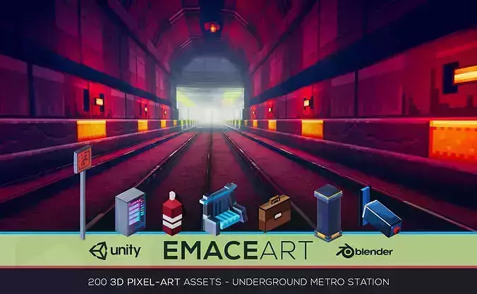 3D Pixel-Art Underground Subway Metro Station level Modular Kit Low-poly 3D model