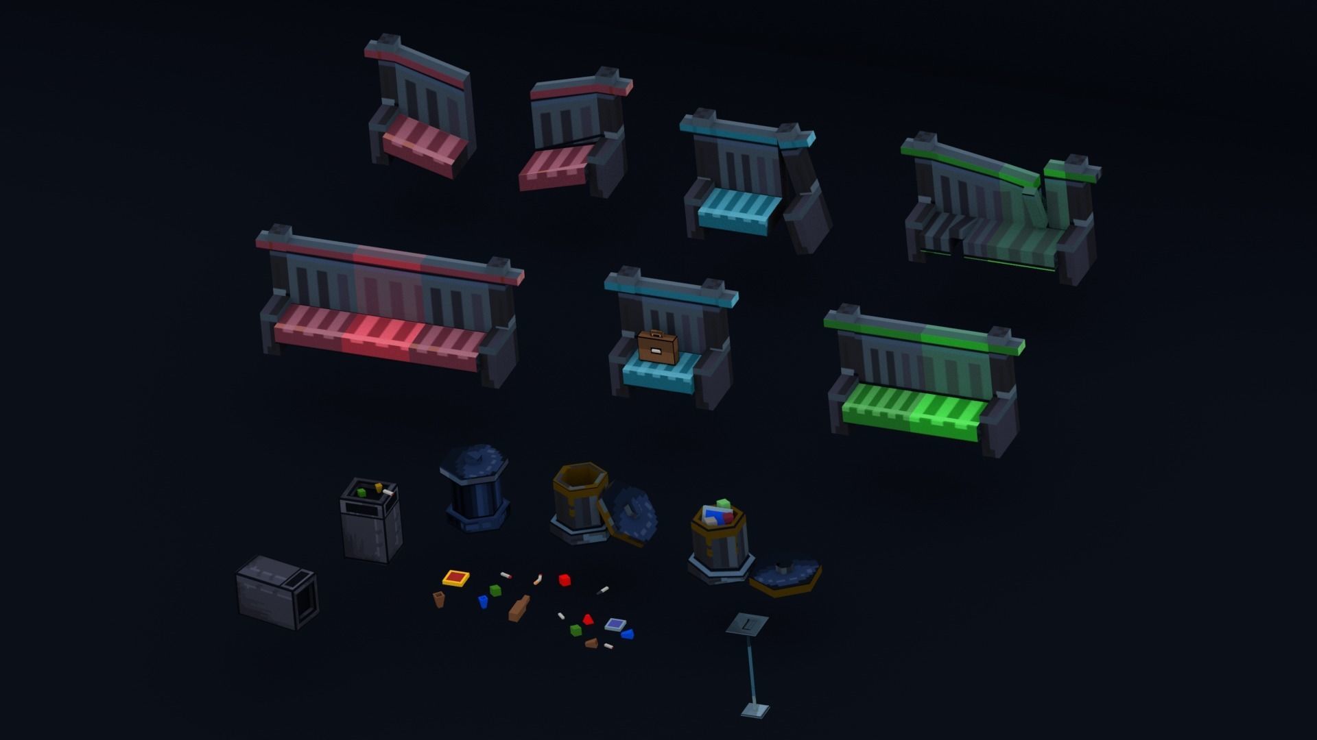 3D Pixel-Art Underground Subway Metro Station level Modular Kit Low-poly 3D model_41