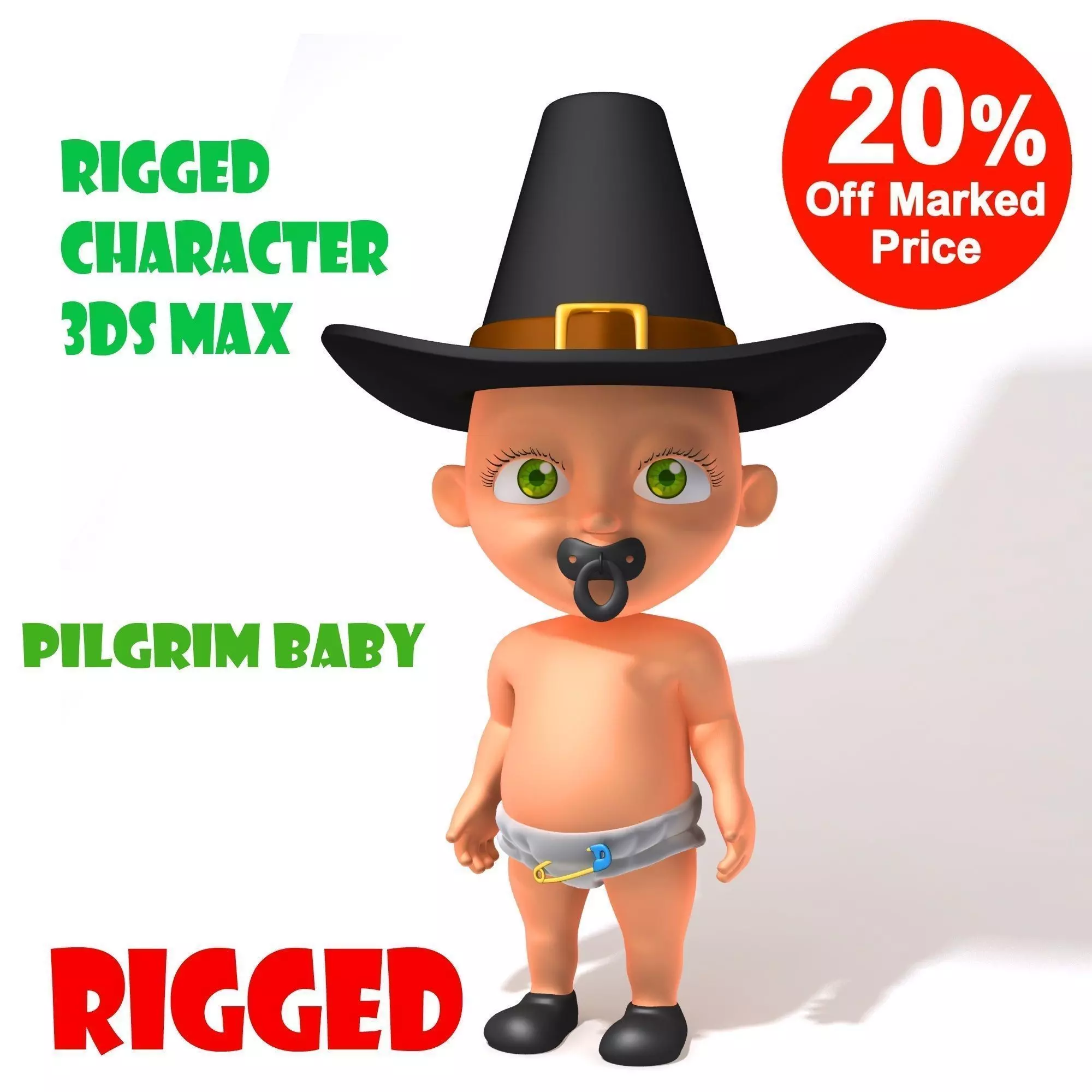 Thanksgiving Pilgrim baby cartoon rigged 3D model_0