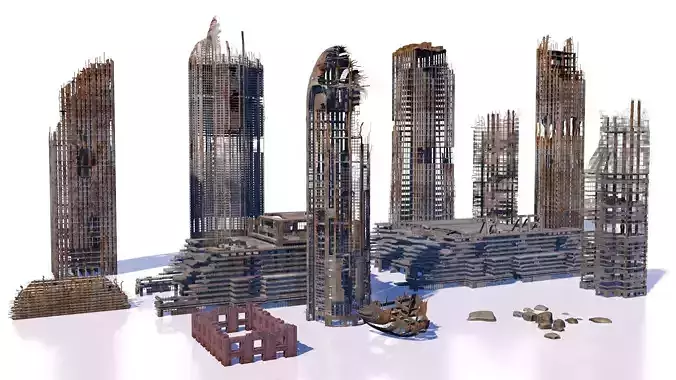 Buildings and skyscrapers in ruins 3D model