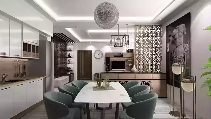Full detailed Living room hall with kitchen interior scene