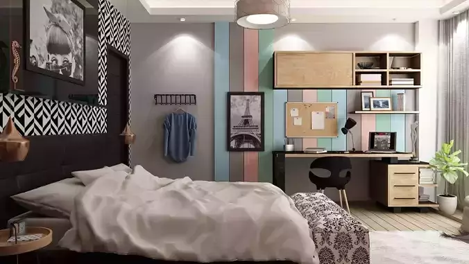 Girl woman Bedroom 3D full interior scene