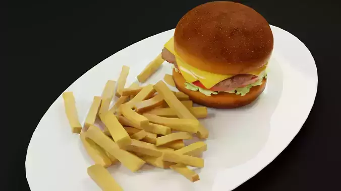 cheese burger with fries tomatoes lettuce cheese and beef  3D model