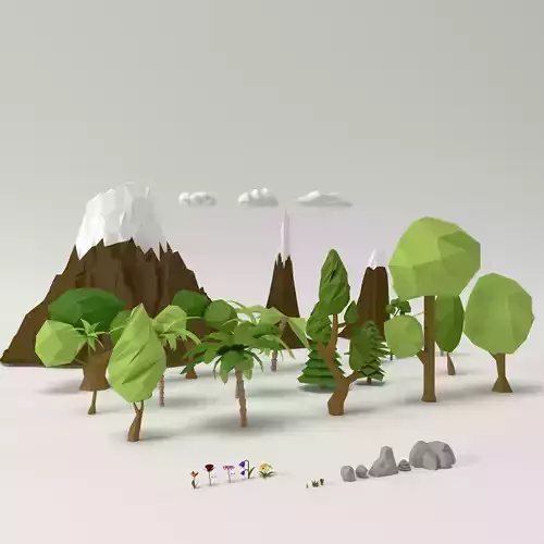  Low poly Trees Flowers Grass Rocks Clouds and Mountains  Low-poly 3D model